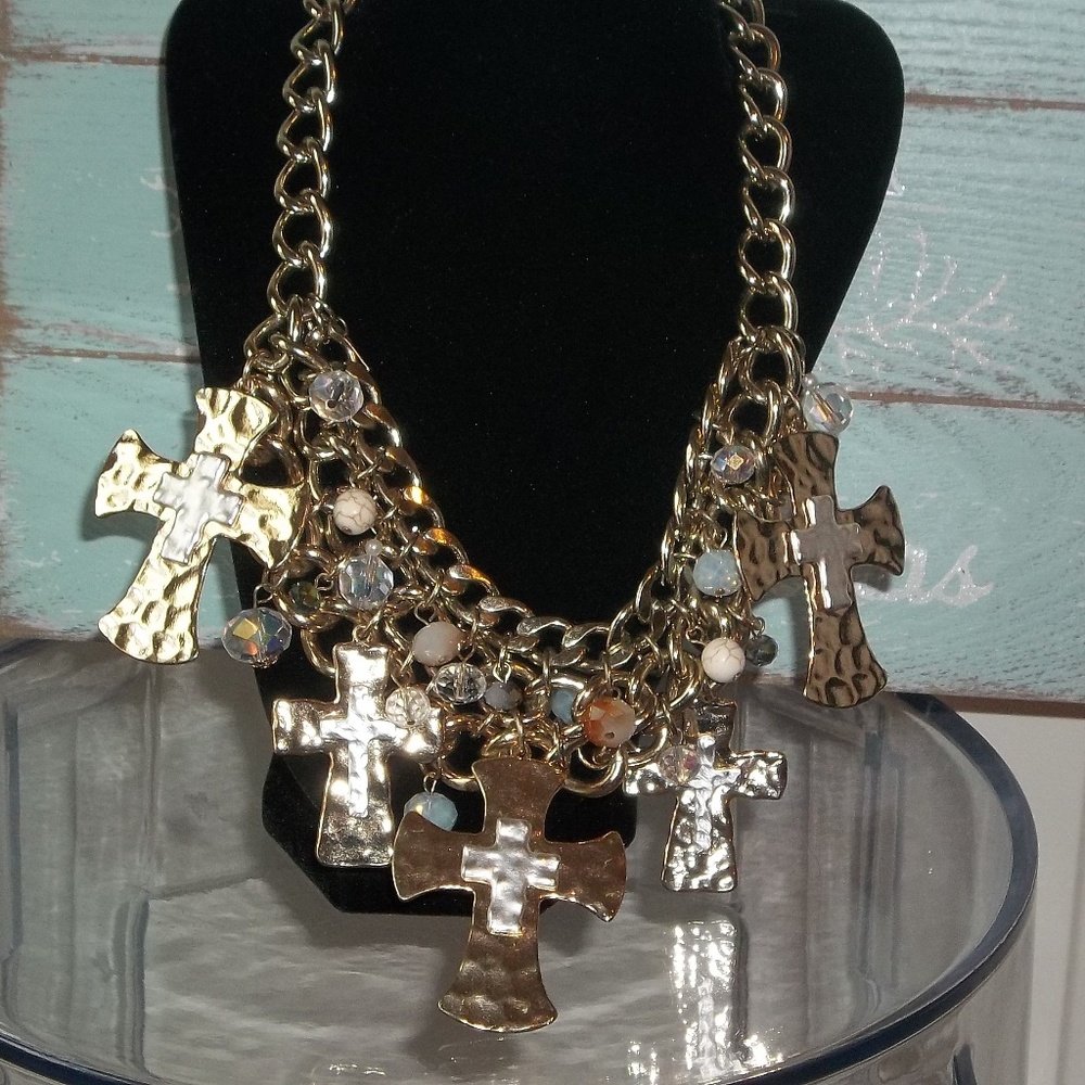 Stunning cross statement necklace goldtone heavy